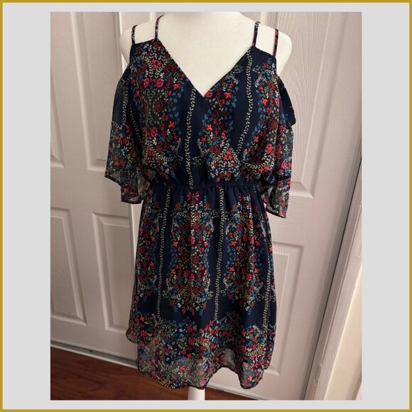 Navy Floral Cold Shoulder Ruffle Mini Dress Size M - Picture 3 of 5